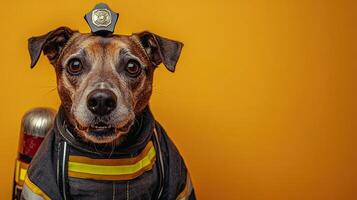A dog wearing a fireman's hat and a fire hose photo