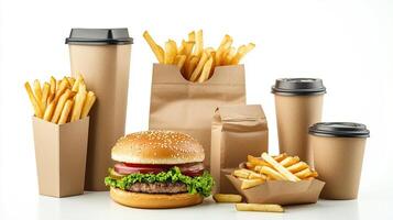 A hamburger, french fries and coffee cups are arranged in paper bags photo