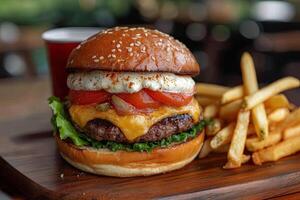 A hamburger and fries on a wooden board photo