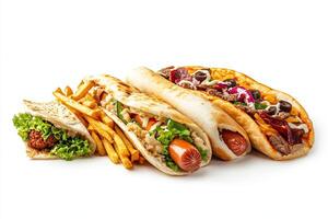 A group of different types of food on a white background photo