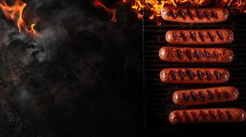 A group of hot dogs on a grill with flames photo