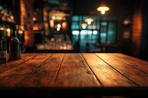 A wooden table with bottles and glasses on it photo
