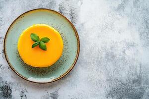 A dessert on a plate with a leaf on top photo