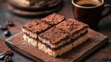 A piece of cake with coffee beans on a wooden table photo
