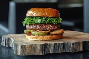 A large hamburger on a wooden board photo