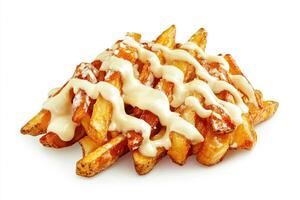 A pile of fries with gravy on top photo