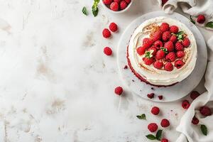 A cake with cream and raspberries on a white table photo