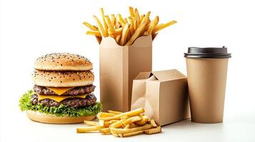A hamburger, french fries and a cup of coffee photo