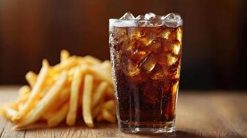 A glass of cola and french fries on a wooden table photo
