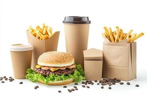 A hamburger, fries and coffee cups are arranged on a white surface photo