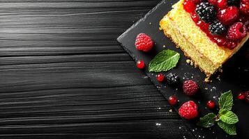 A piece of cake with berries on top of a black board photo