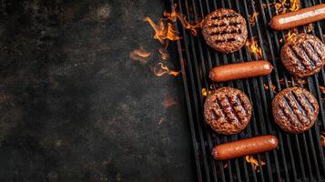 Grilled hot dogs and hamburgers on a grill photo