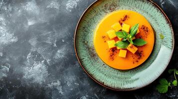 A plate with a dish of orange and cheese photo