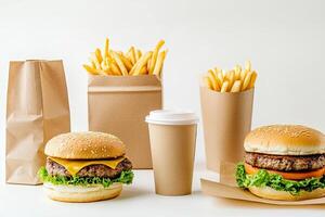 A hamburger, french fries and a cup of coffee are shown photo
