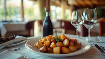 A plate of potatoes with a wine glass on a table photo