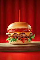 A hamburger with cheese and tomato on a red background photo