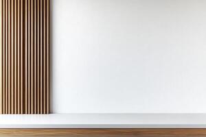 A white wall with wooden columns and a shelf photo