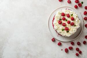 A white plate topped with a red velvet cake surrounded by raspberries photo