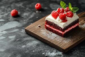 A piece of red velvet cake with cream and raspberries photo