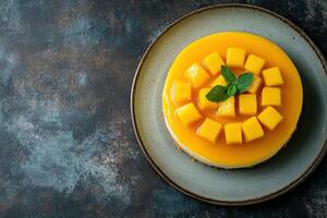 A plate with a mango cheesecake on it photo