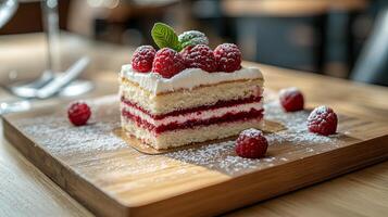 A piece of cake with raspberries on top photo