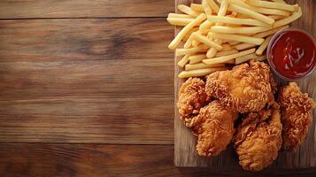 Fried chicken and french fries on a wooden cutting board photo