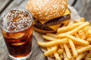 A glass of soda and a hamburger on a table photo