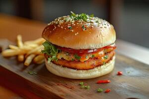 A burger and fries on a wooden cutting board photo