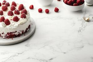A cake with white frosting and raspberries on top photo