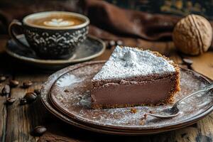 A piece of chocolate cake on a plate with coffee beans photo