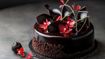 A chocolate cake with red flowers on top photo