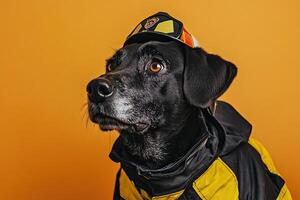 A black dog wearing a fireman's hat photo