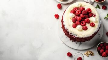 A red velvet cake with cream frosting and raspberries photo