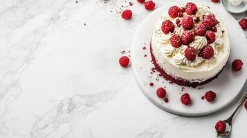 A white cake with cream and raspberries on top photo