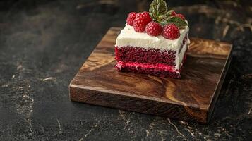 A piece of red velvet cake with raspberries on top photo