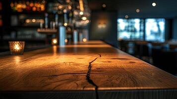 A bar with a wooden counter and a long table photo