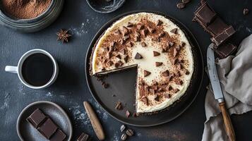 A chocolate cake with a slice missing on a plate photo