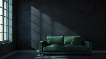 A green couch in front of a window photo