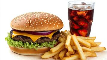 A hamburger and fries with a soda photo
