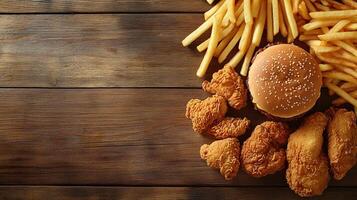 A hamburger, fries and chicken on a wooden table photo