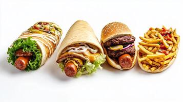 A group of four hot dogs, french fries and a hamburger photo