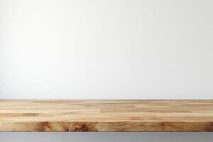 Wooden table with white wall in the background photo