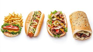 cuatro diferente caliente perros y francés papas fritas en un blanco antecedentes foto