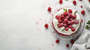 A white cake with raspberries on top photo