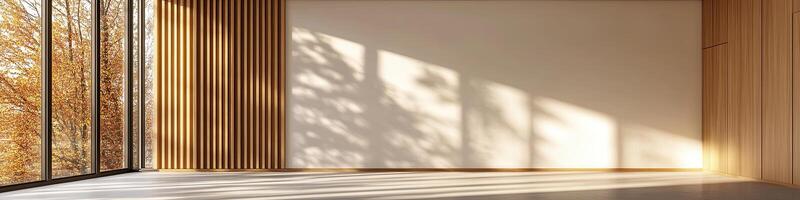 An empty room with a large window and wooden walls photo