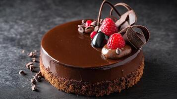 A chocolate cake with raspberries and chocolate photo