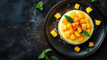 Mango dessert with mint leaves and cinnamon photo