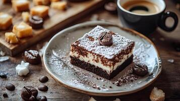 A piece of chocolate cake with coffee beans on a plate photo