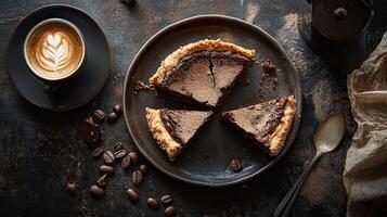 Chocolate tart with coffee beans and chocolate chips on a dark table photo