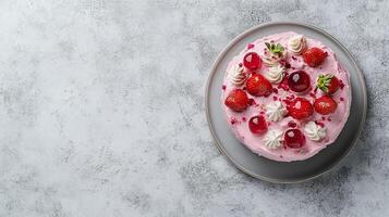 A strawberry cake with cream and strawberries on a gray background photo